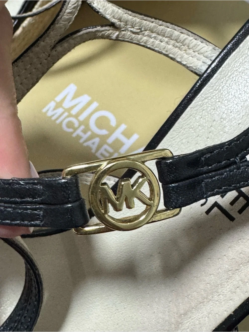 Michael Kors Black Leather Strappy Espadrille Wedges with Gold Accents